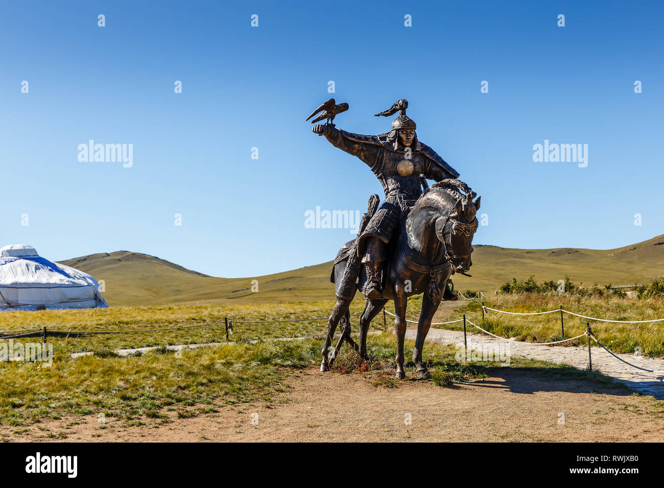 Tsonjin Boldog Mongolia September 14 2018 Equestrian Statue Of Warrior Genghis Khan With A Bird On His Arm Stock Photo Alamy