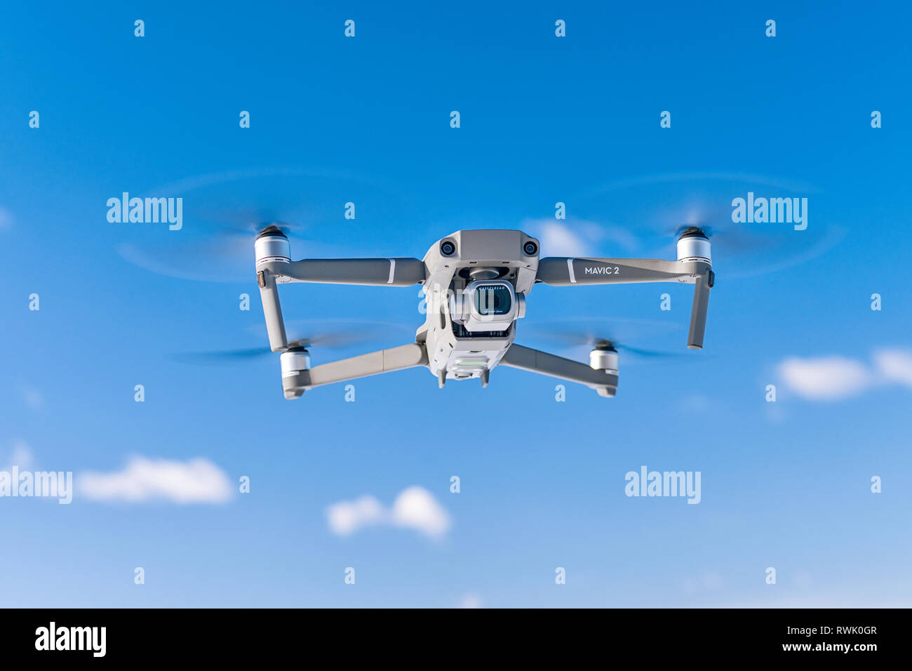 Saint Petersburg, Russia. March 01 2019. DJI Mavic 2 pro drone during flight against blue sky Stock Photo