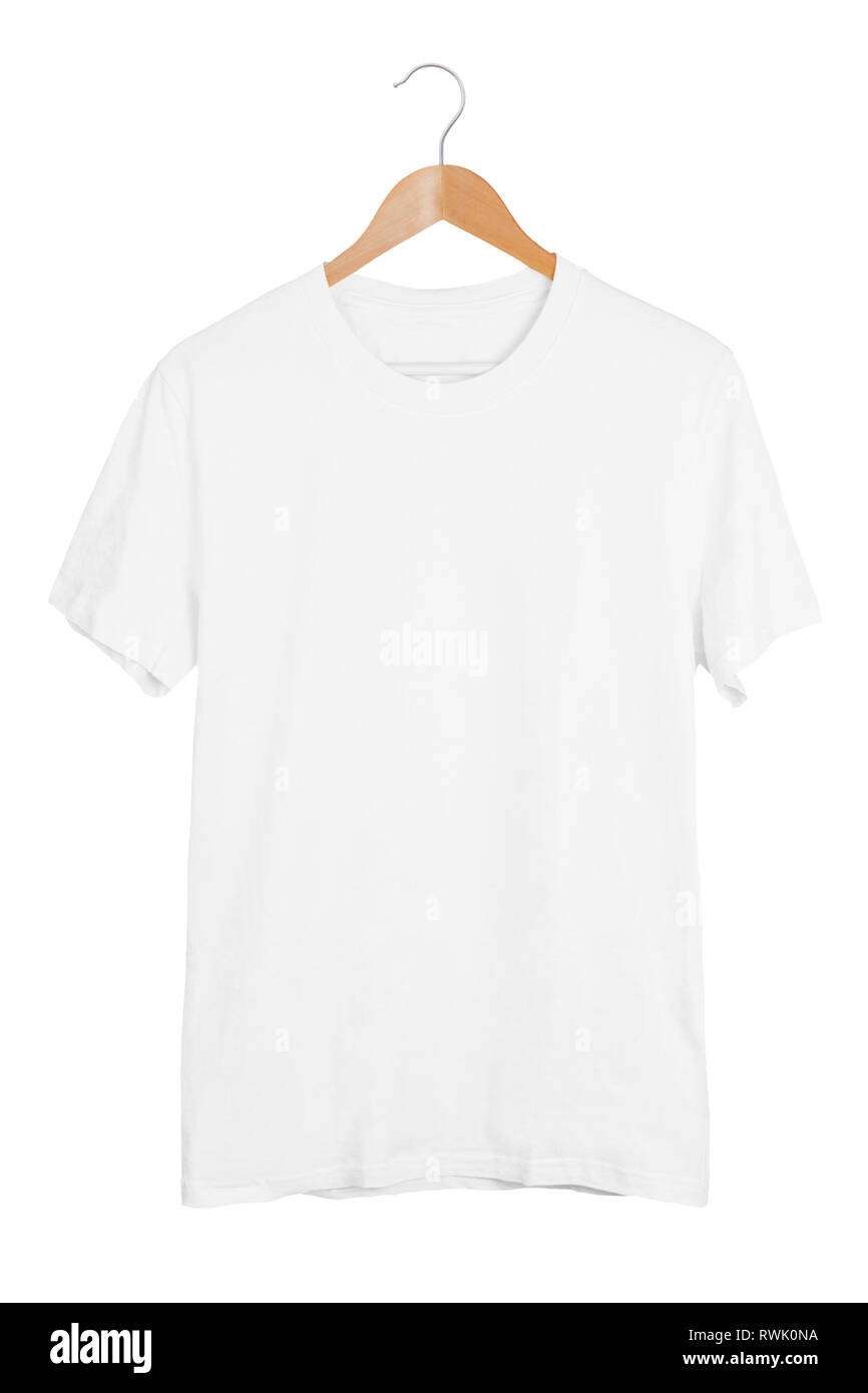 Blank white t-shirt on wooden hanger isolated on white background Stock Photo