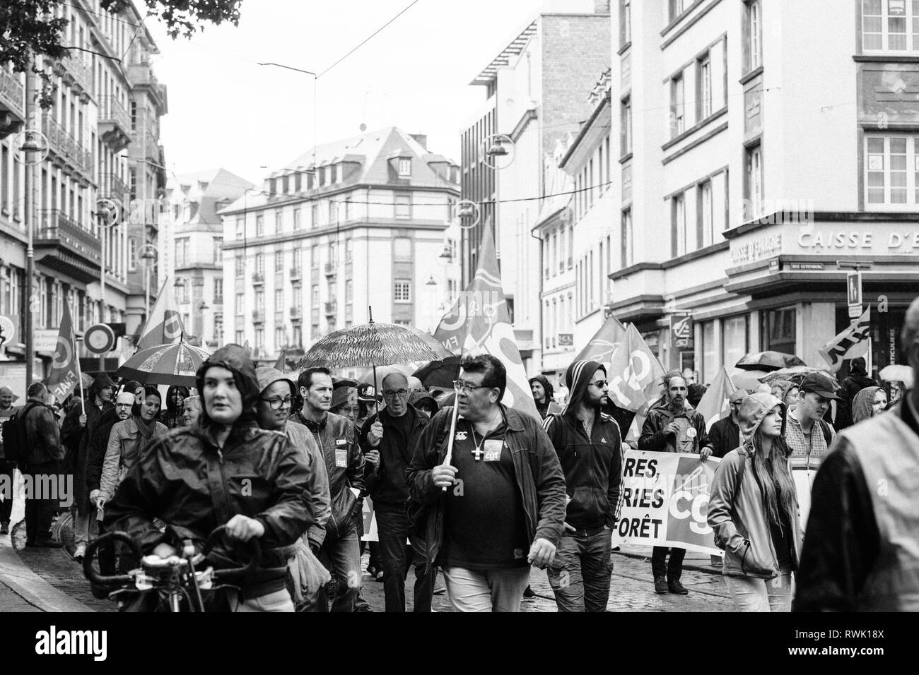 Strasbourg, France - Sep 12, 2017: Black and white of crowd political march during a French Nationwide day of protest against the labor reform proposed by Emmanuel Macron Government Stock Photo