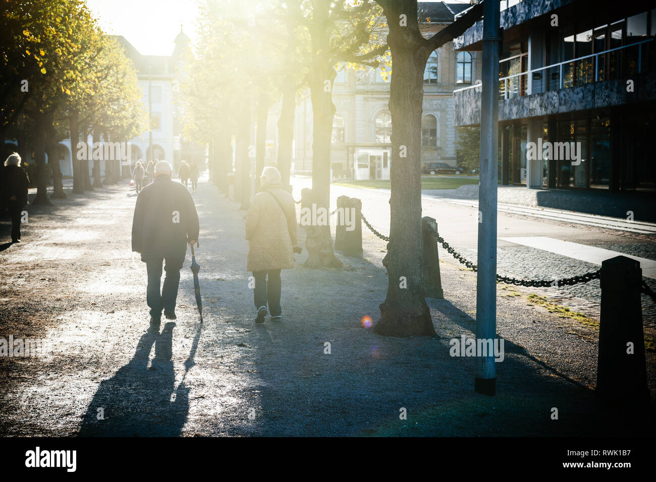 Karlsruhe, Germany - Oct 29 2017: Rear view of adults and seniors walking on alley Schloss Bezirk near Federal Constitutional Court building Bundesverfassungsgericht  Stock Photo