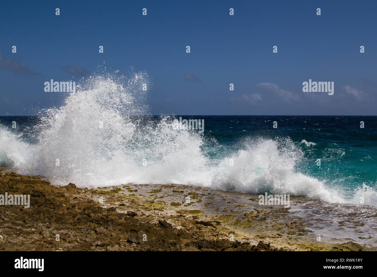 Wild and high waves breaking at the rough coastline of the Caribbean east coast of the Caribbean island of Bonaire Stock Photo