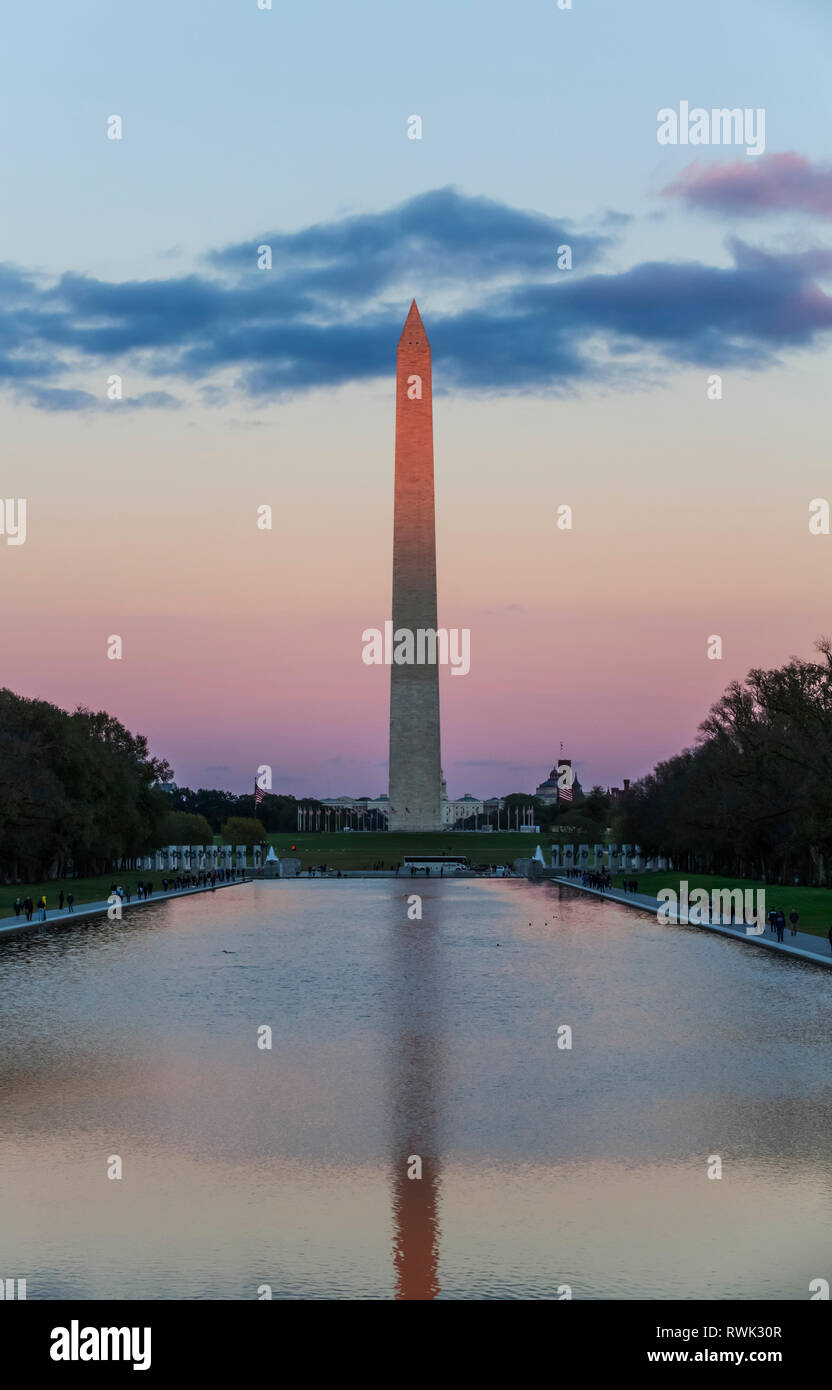 Washington Monument taken from Lincoln Monument at dusk; Washington D.C., United States of America Stock Photo