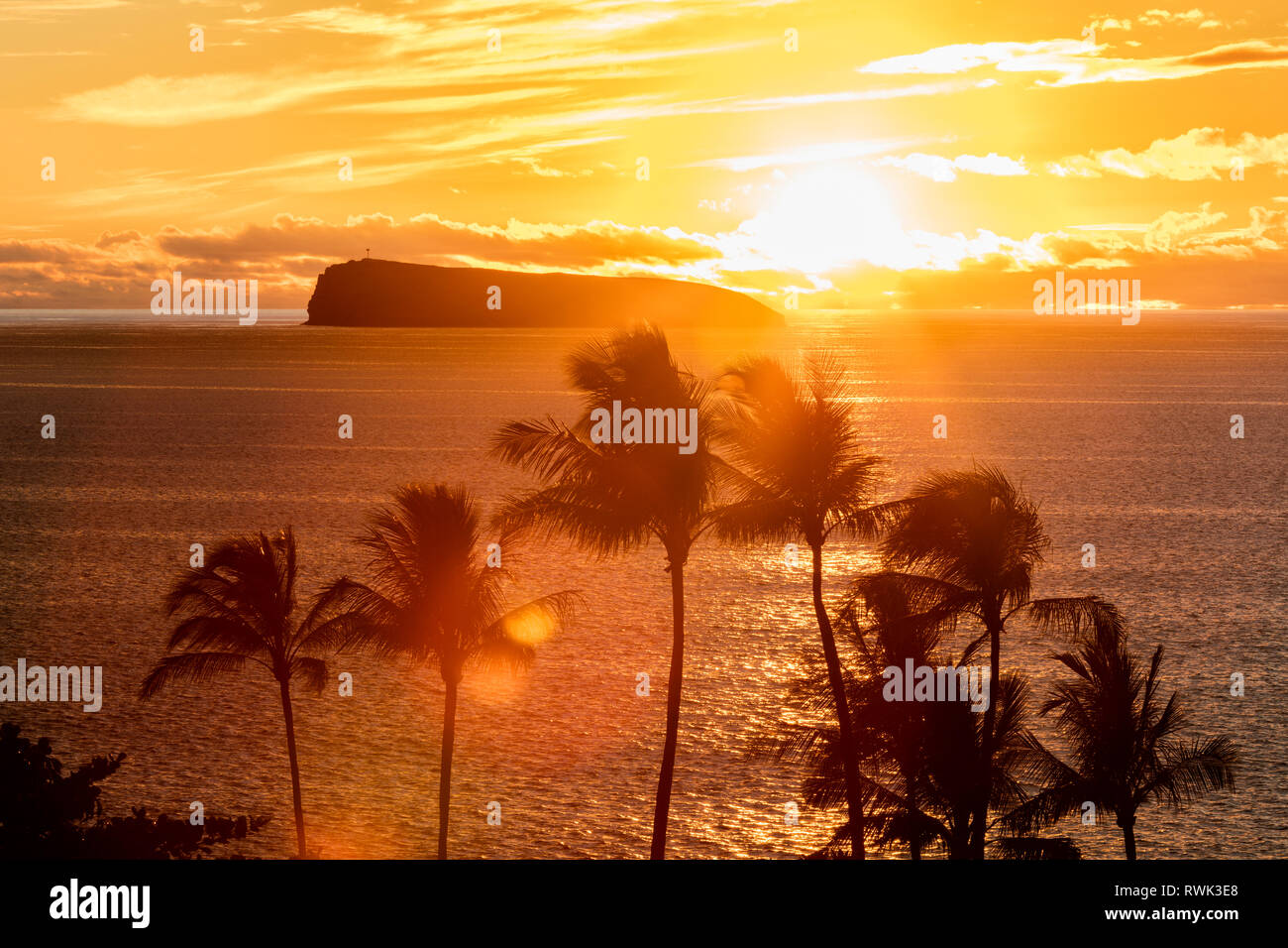 The sun sets behind Molokini with silhouetted palm trees; Wailea, Maui, Hawaii, United States of America Stock Photo