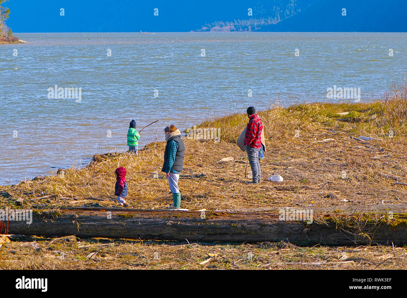 A family wearing winter clothing enjoying time at Pitt Lake on a windy day in March. Grant Narrows Regional Park, Pitt Meadows, B. C., Canada Stock Photo