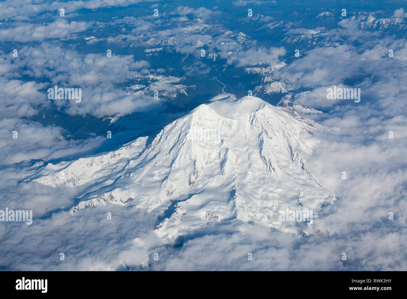 Mount Ranier, Washington, USA, from aircraft. Stock Photo