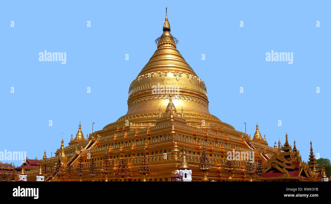Shwezigon-Pagoda, Nyaung U, Myanmar, Precious Buddha Relics, Buddhist Believers, Highest Worship, Square Terraces, Octagonal Platform, Bell-Shaped Stock Photo