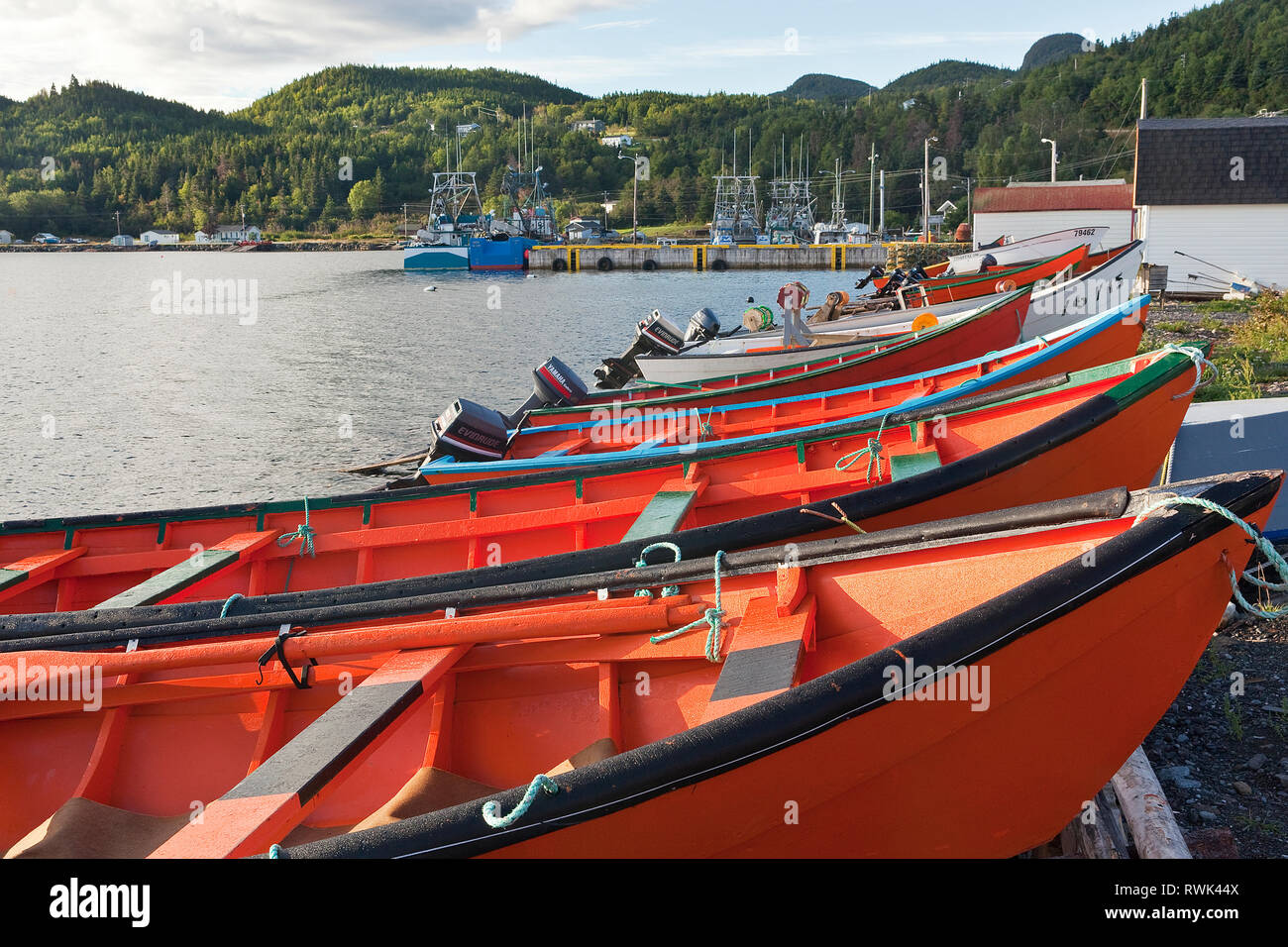 Row of locally built Lark Harbour dories drawn up on a slipway in Frenchman's Cove (Bay of Islands), Newfoundland, Canada Stock Photo