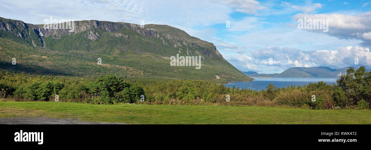 Recreational day park offering a view of the Long Range Mountains which run parallel to the Town of Humber Arm South and the Bay of Islands, Newfoundland, Canada Stock Photo