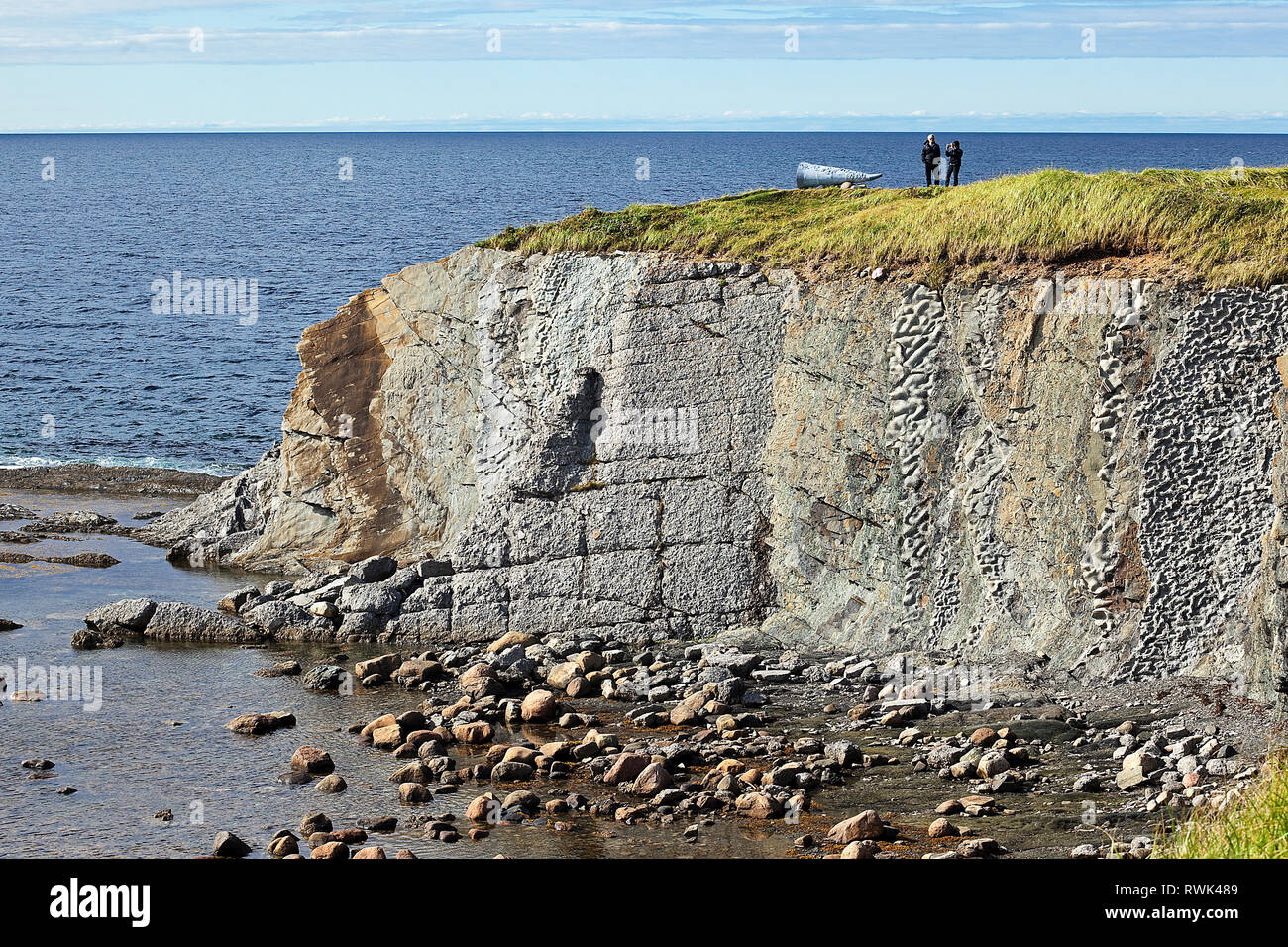 Seaside cliff featuring layers of differently textured rocks that were once the bottom of an ancient ocean but rose vertically as a result of plate tectonics. Green Point Geological Site, Gros Morne National Park, Parks Canada, Newfoundland, Canada Stock Photo