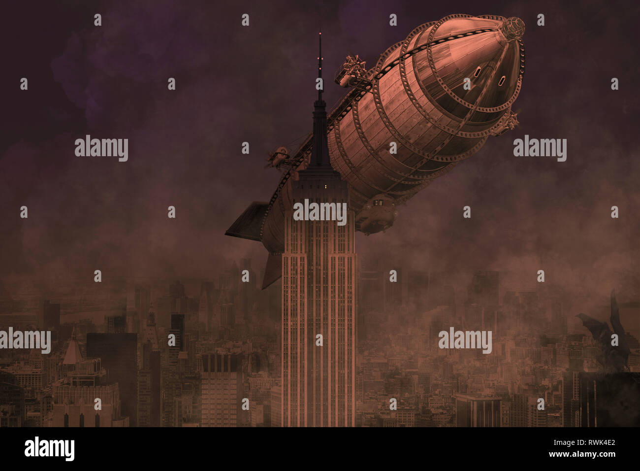 A rigid airship flies by the Empire State Building, ready to collide, composite image Stock Photo