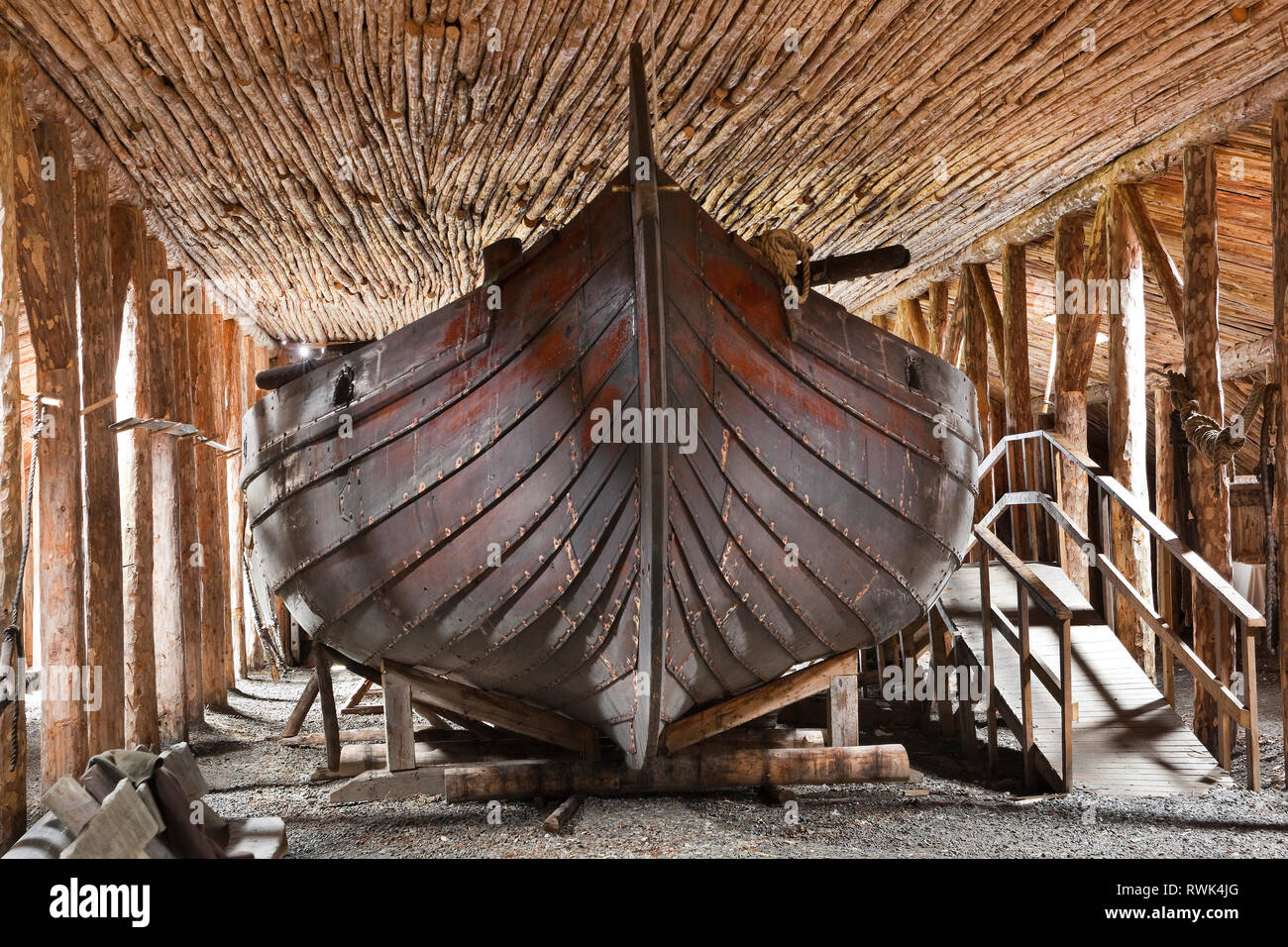 Replica of the Viking ship 'Snorri' in a boat shed at Norstead Viking Village and Port of Trade. The ship retraced the 1,500-mile journey of Leif Ericson from Greenland to L'Anse aux Meadows, Newfoundland, Canada, around the year 1000. Stock Photo
