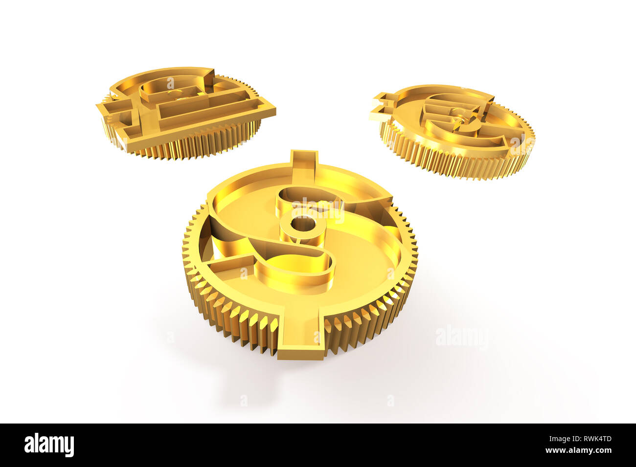 Gears with golden dollar sign, pound and euro symbol, isolated on white ...