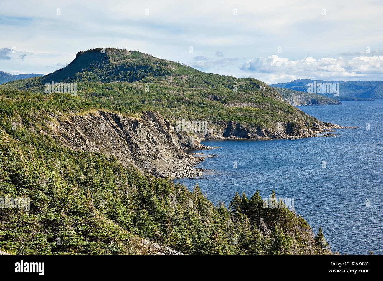 Rugged coastline along the shores of Bonne Bay, south of Rocky Harbour, Gros Morne National Park, Newfoundland, Canada Stock Photo