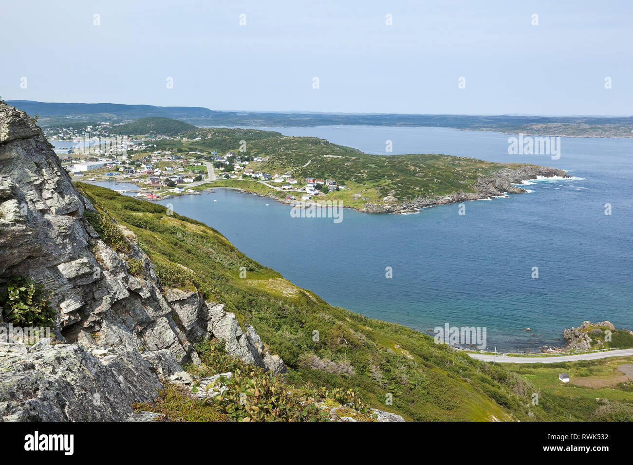 St. Anthony Harbour and the Town of St. Anthony as seen from Daredevil Hill, St. Anthony, Newfoundland, Canada. Stock Photo