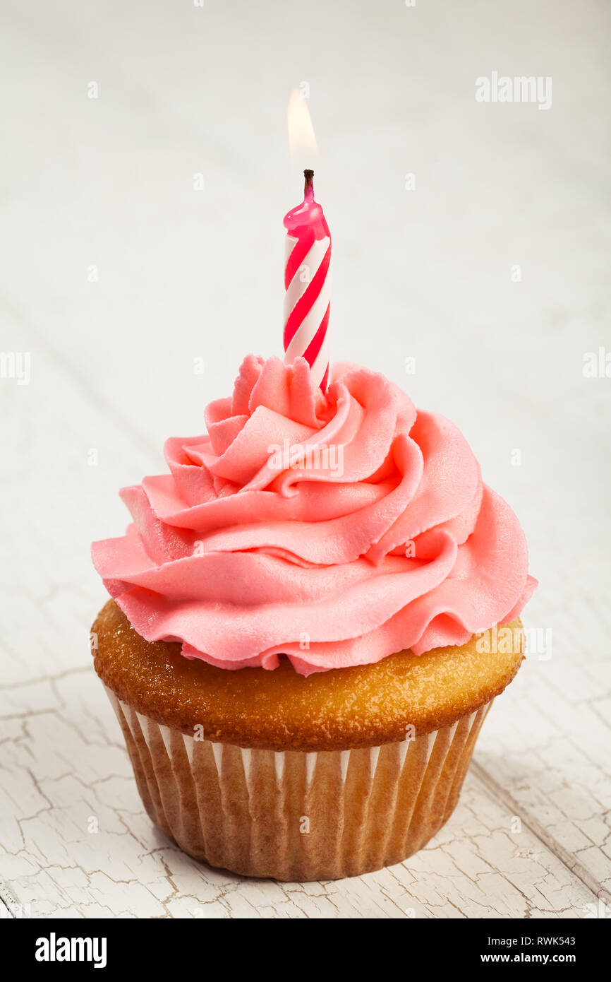 Pink Birthday Cupcake with Candle Stock Photo Alamy