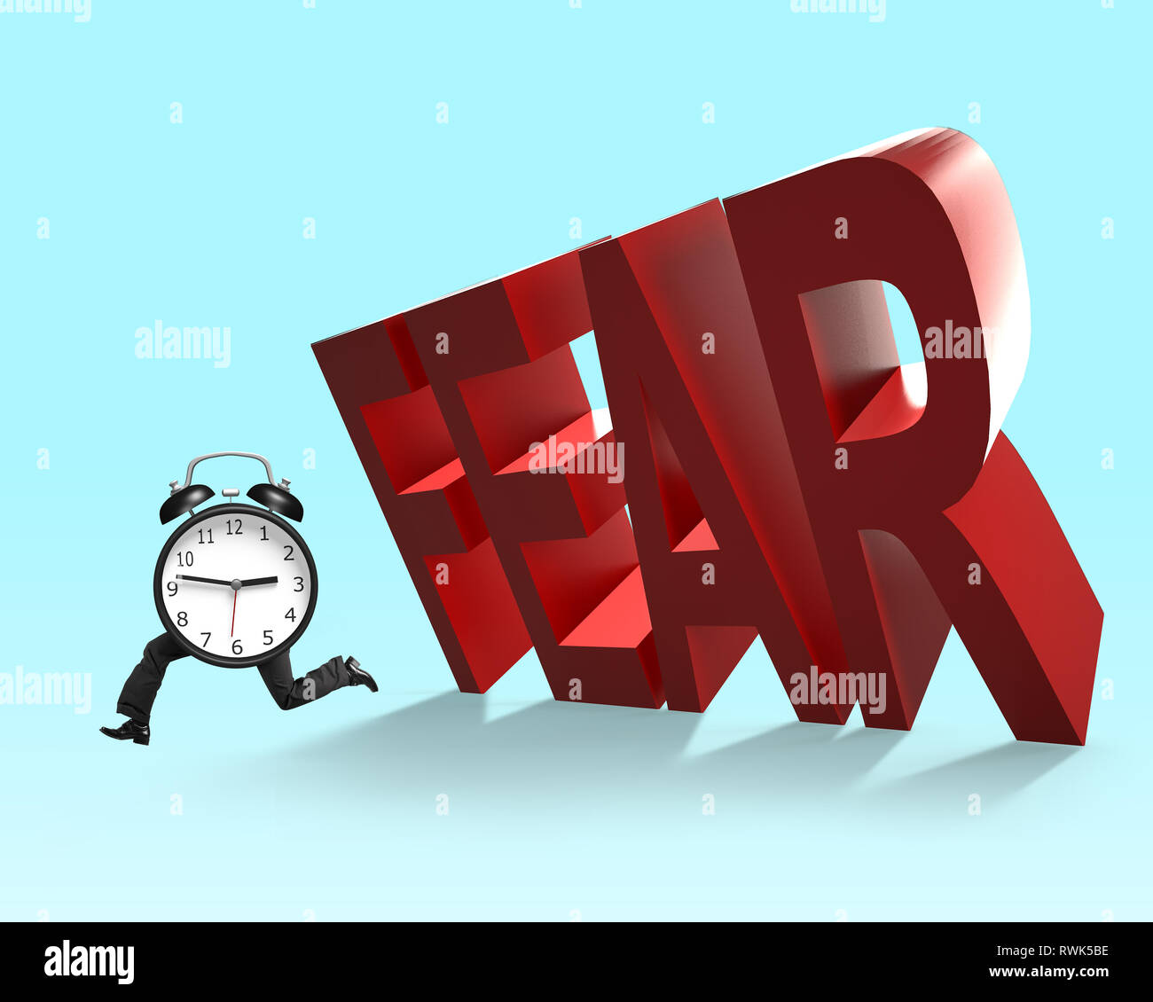 3D falling FEAR word with running clock, Concept of stress, fear at