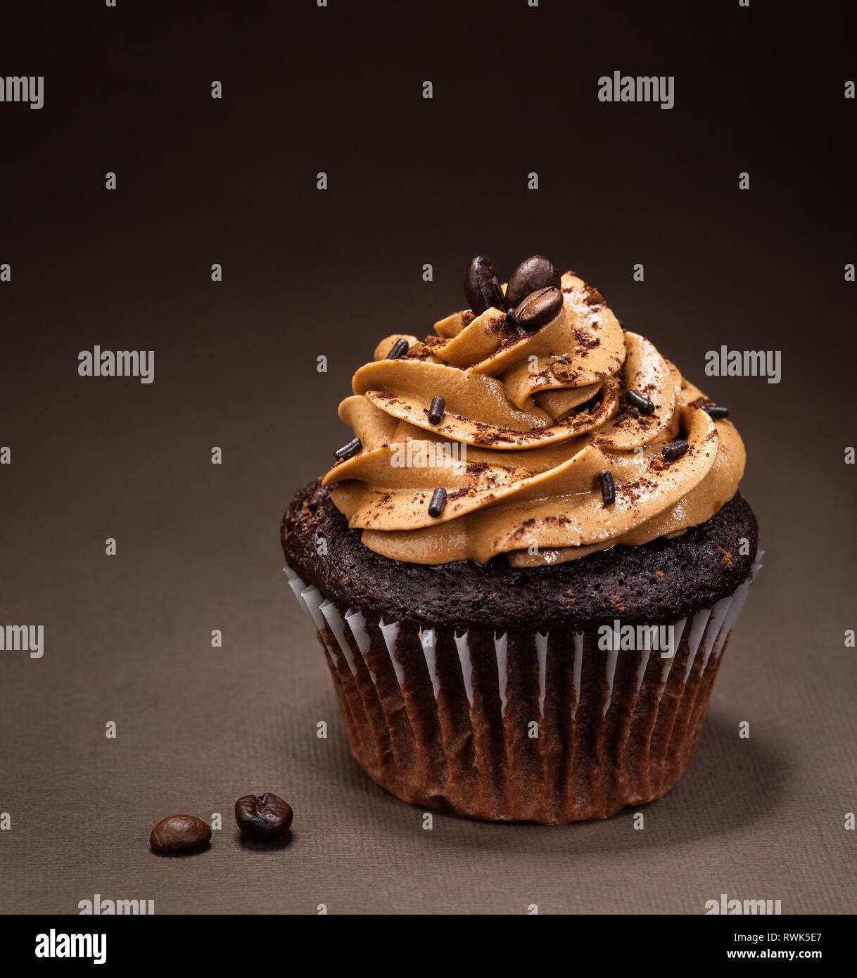 A chocolate cup cake with  mocha icing and sprinkles Stock Photo