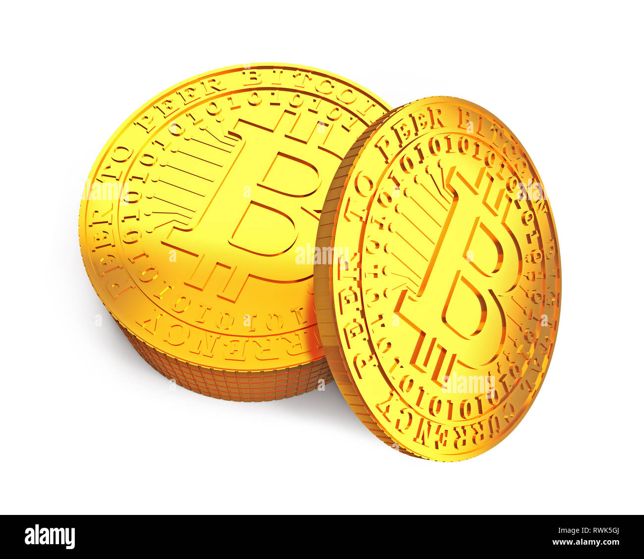 Stack of golden Bitcoins on white background high angle view, concept of  cryptocurrency, blockchain technology, bitcoin mining, 3D illustration  Stock Photo - Alamy