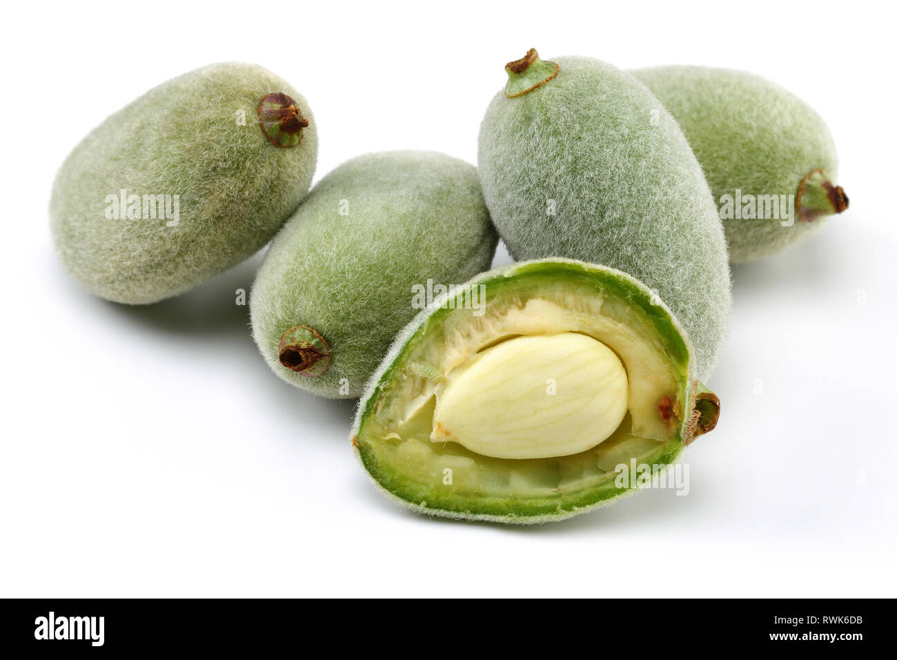 Fresh green almonds isolated on white background Stock Photo
