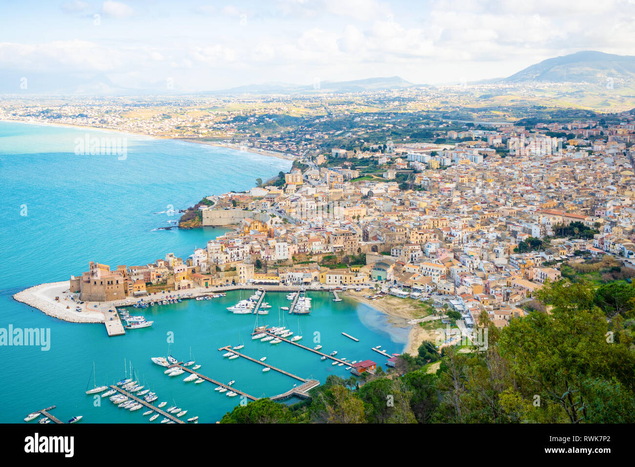 Aerial panoramic view of Castellammare del Golfo town, Trapani, Sicily