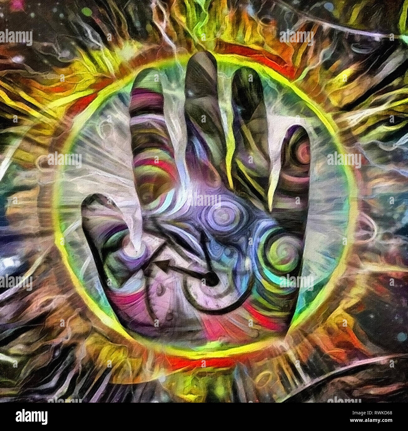 Surreal painting. Master of Time. Clock hands in man's palm Stock Photo ...