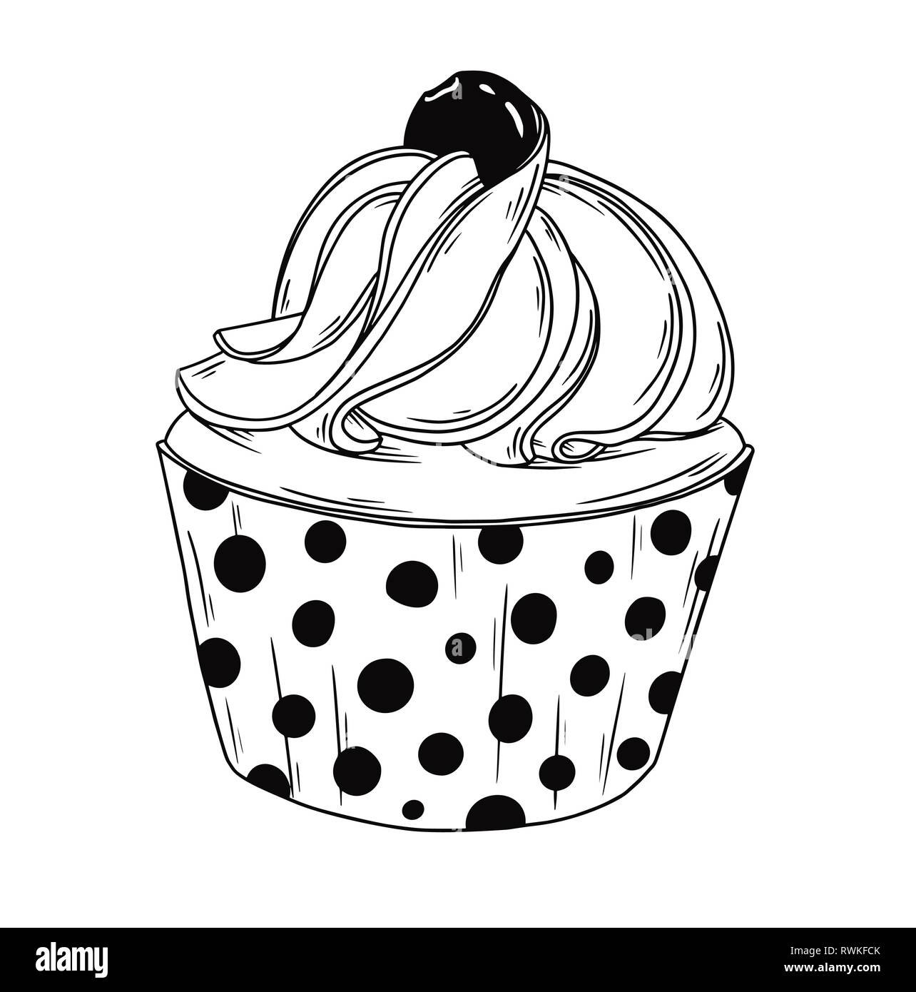 Sketch cupcake with cream isolated on white background. Vector Stock Vector
