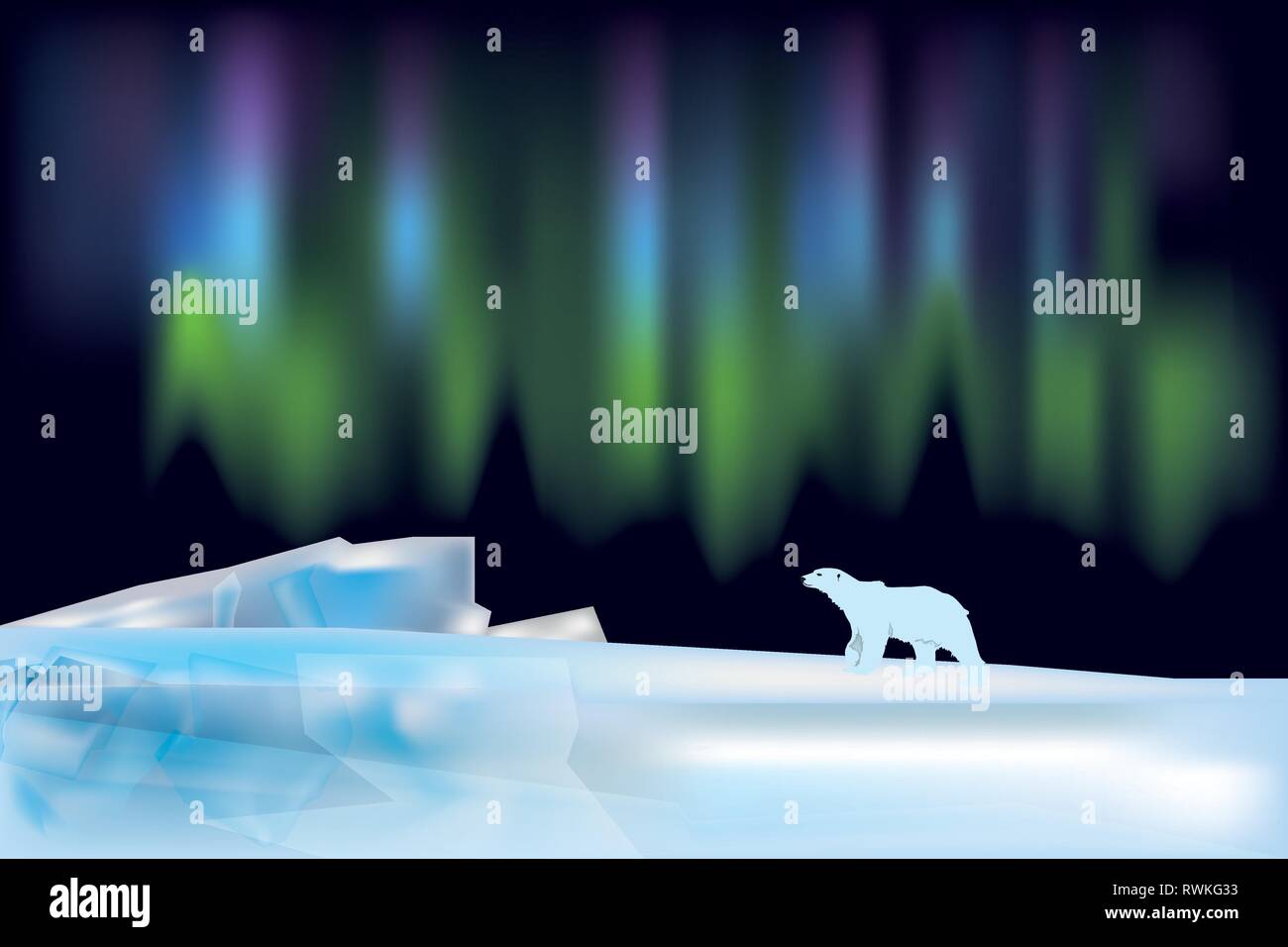 arctic landscape with aurora borealis and polar bear Stock Vector Image ...