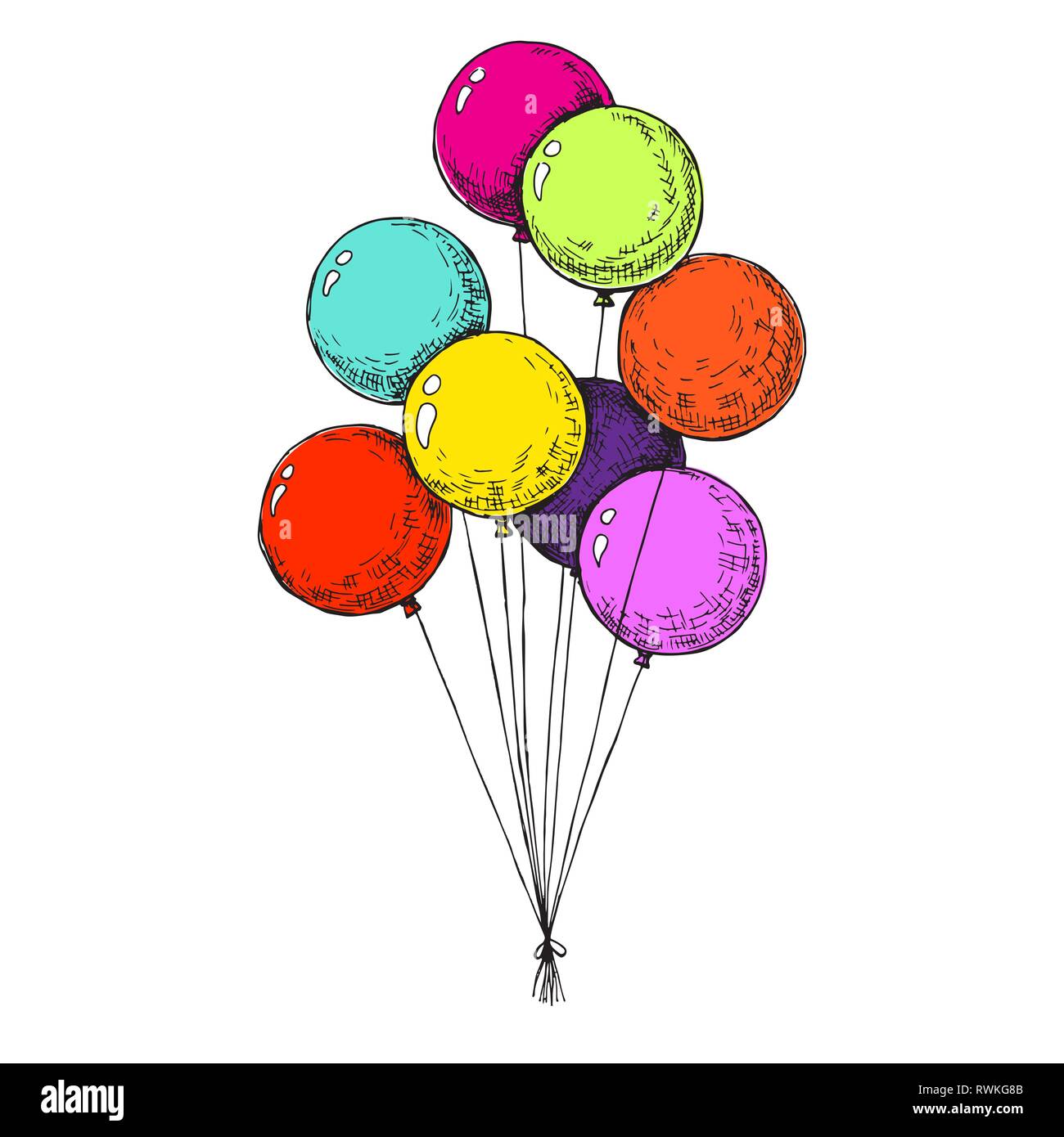 Group of balloons on a string. Hand drawn, isolated on a white background.  Vector illustration - Vector Stock Vector Image & Art - Alamy