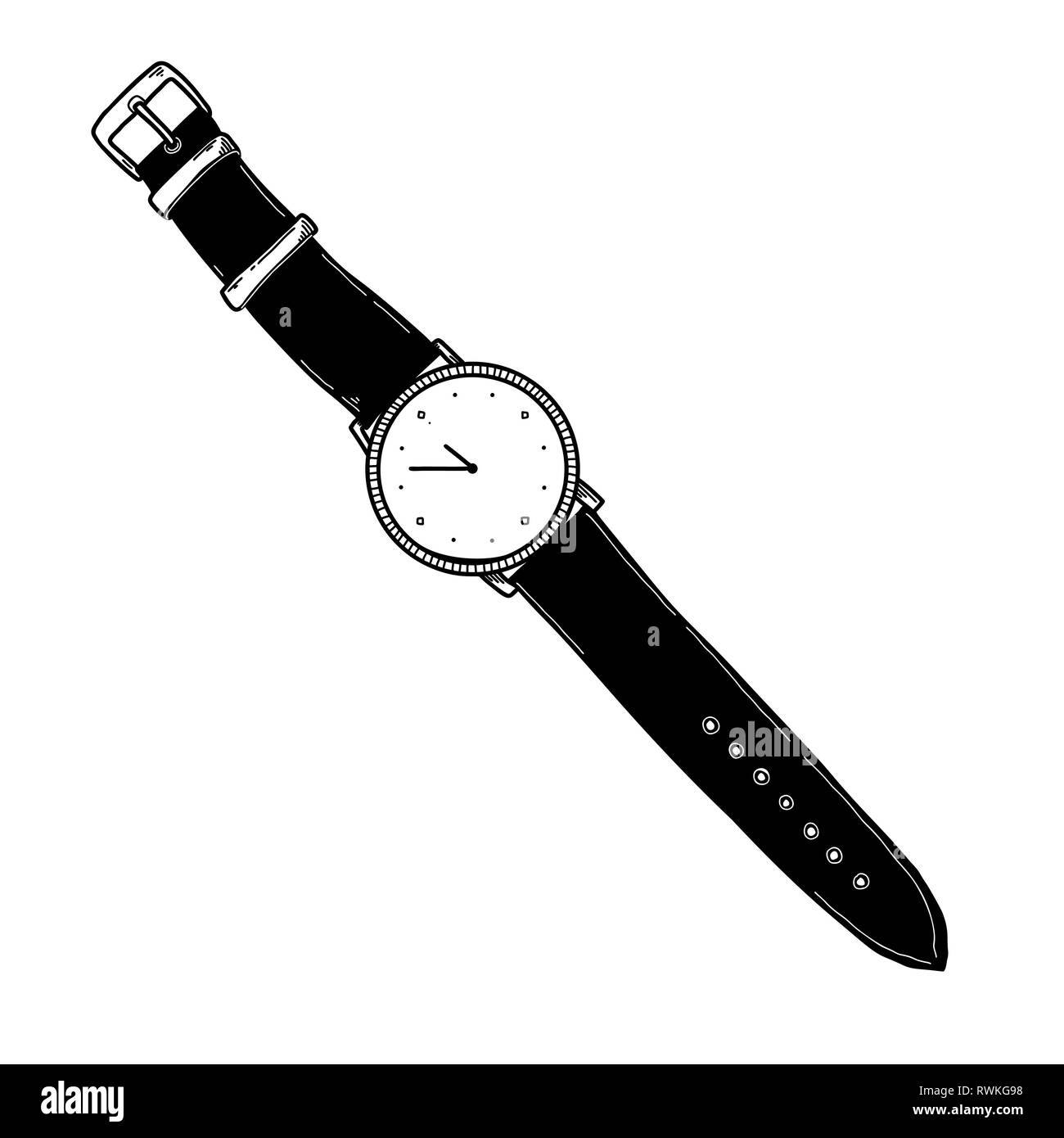 Realistic sketch of a watch. Wristwatches on the strap. Vector Stock