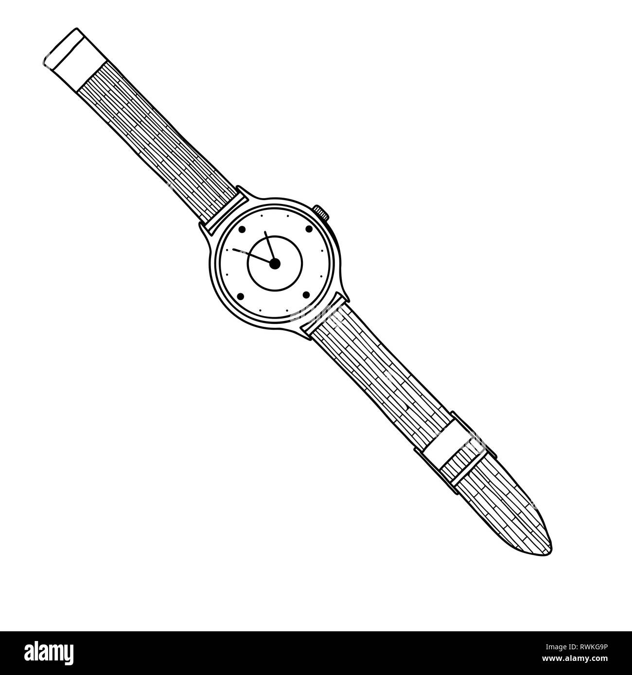 Realistic sketch of a watch. Wristwatches on a metal bracelet. Vector