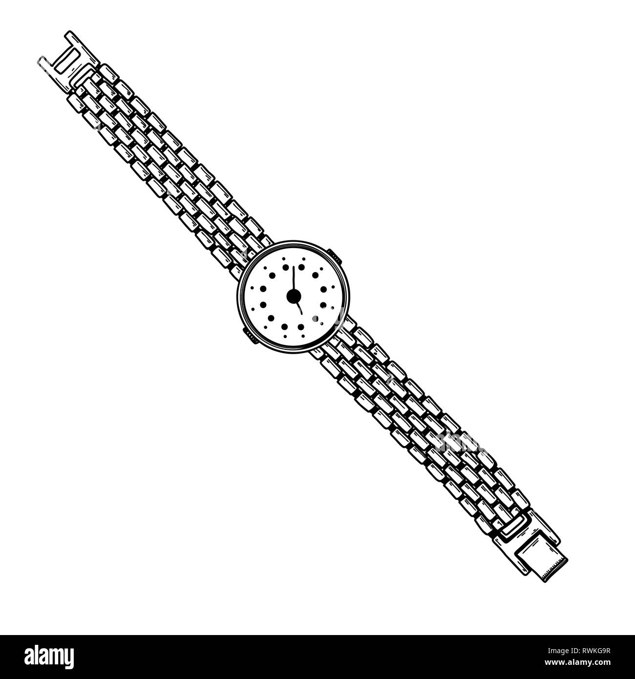 Realistic sketch of a watch. Wristwatches on a metal bracelet. Vector