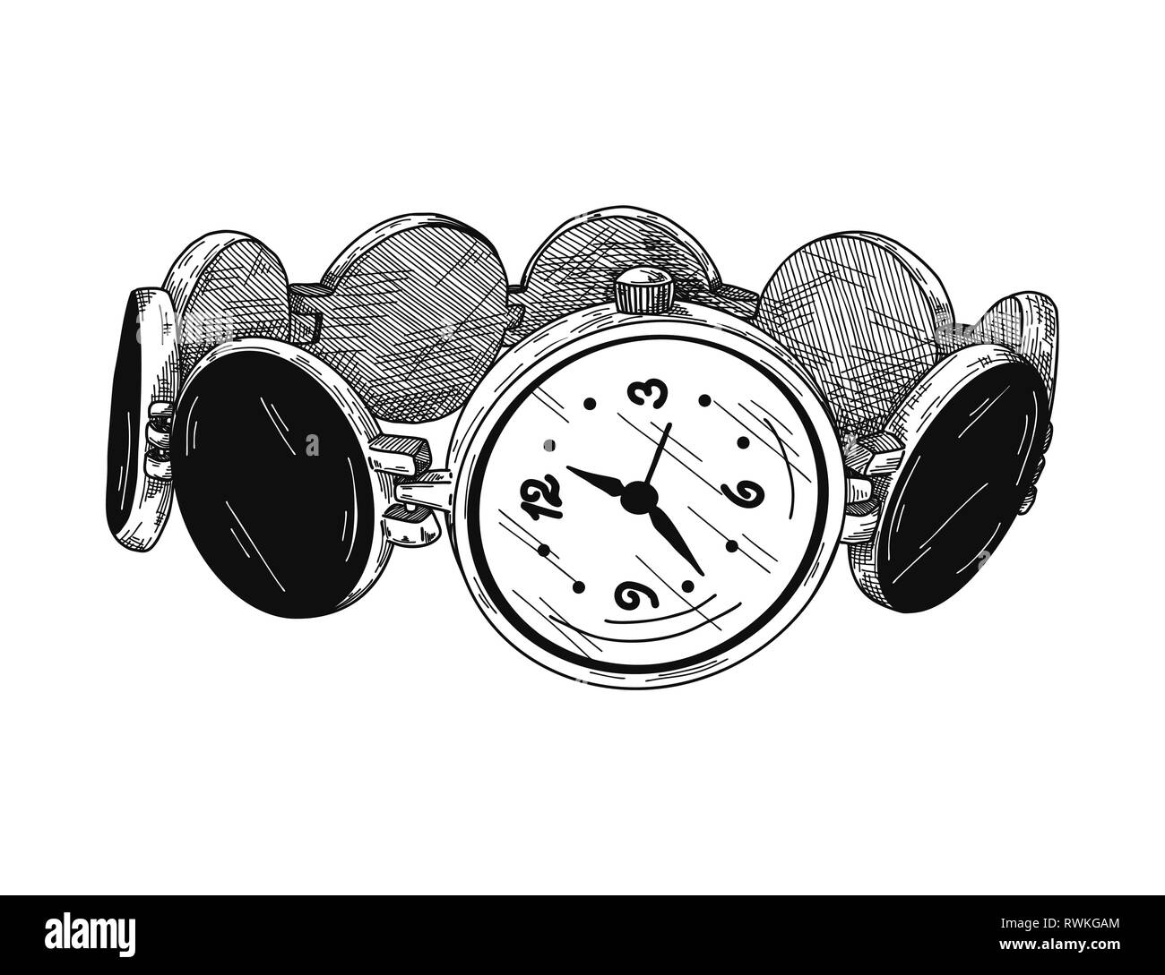 Realistic sketch of a watch. Wristwatches on a metal bracelet. Vector
