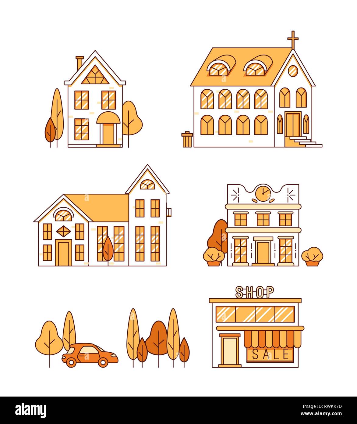 Line art, set of houses, church and shop, cityscape concept, vector Stock Vector