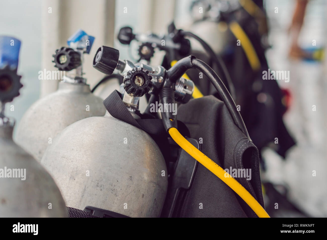 scuba compressed air tank on boat. Ready for diving Stock Photo Alamy