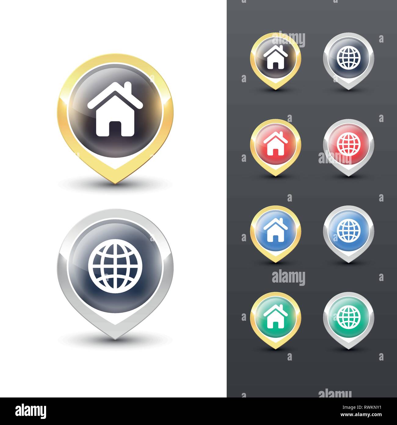 Pointer icons with metallic gold and silver border, map and home symbols inside. Vector location pins isolated on white background. Stock Vector