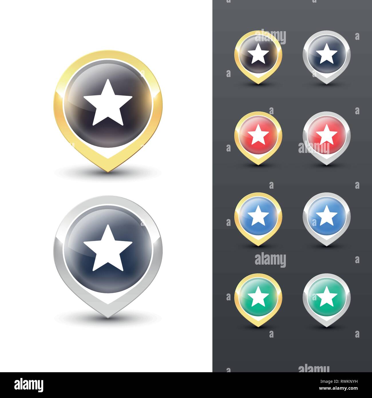 Pointer icons with metallic gold and silver border, a star symbol inside. Vector location pins isolated on white background. Stock Vector