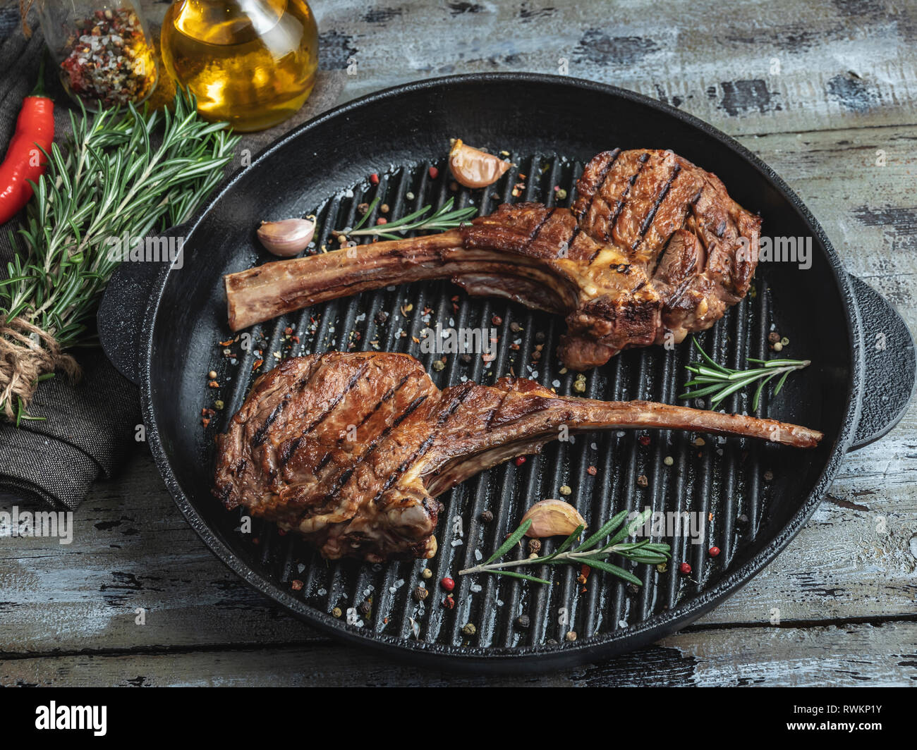 grilled roast lamb veal ribs loin on the grill pan, spices , chops Stock Photo