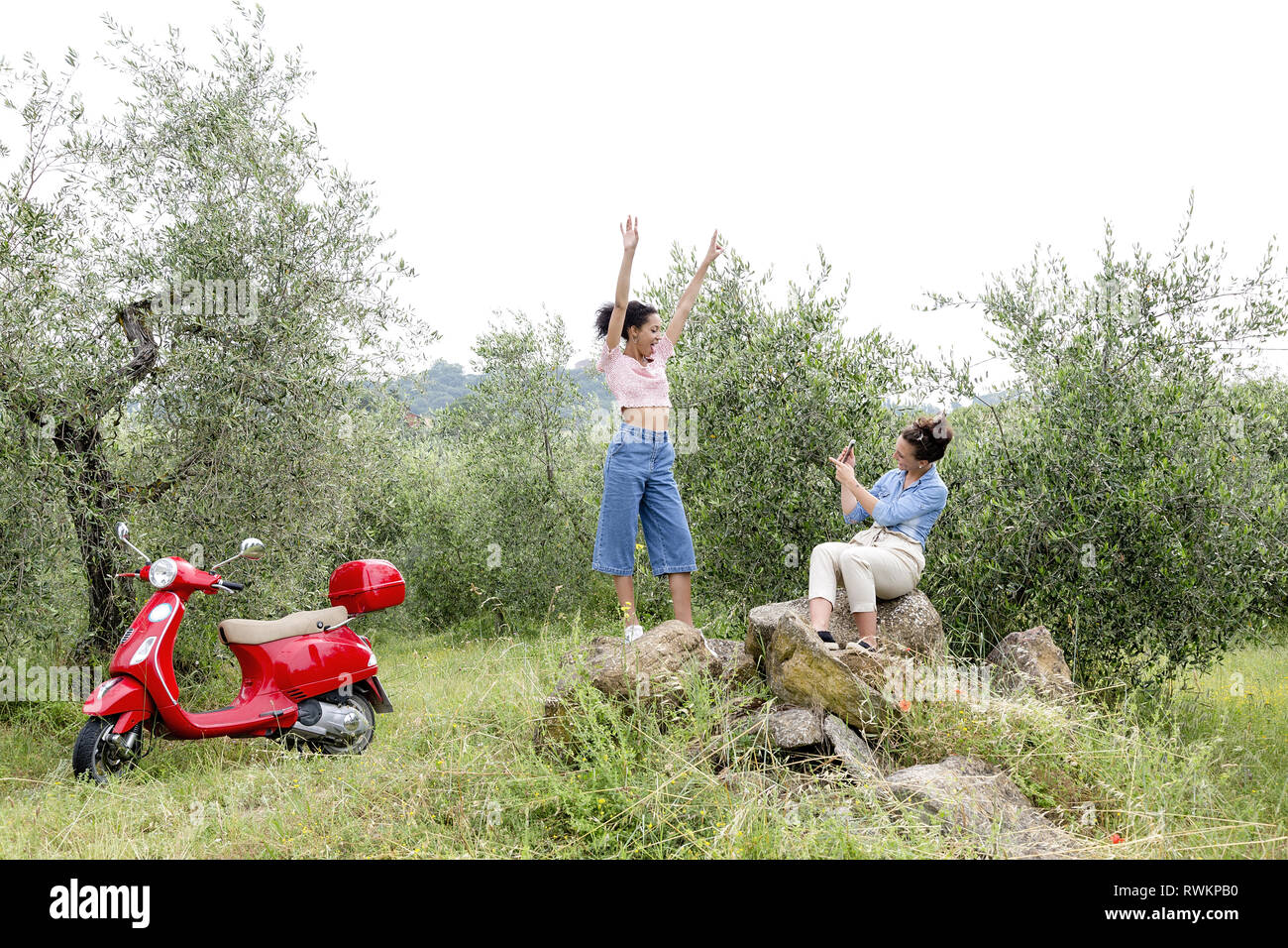 Friends taking photo in olive grove, Città della Pieve, Umbria, Italy Stock Photo