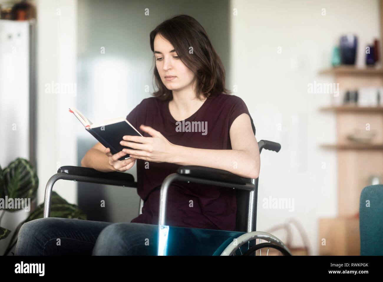 Woman in wheelchair reading at home Stock Photo