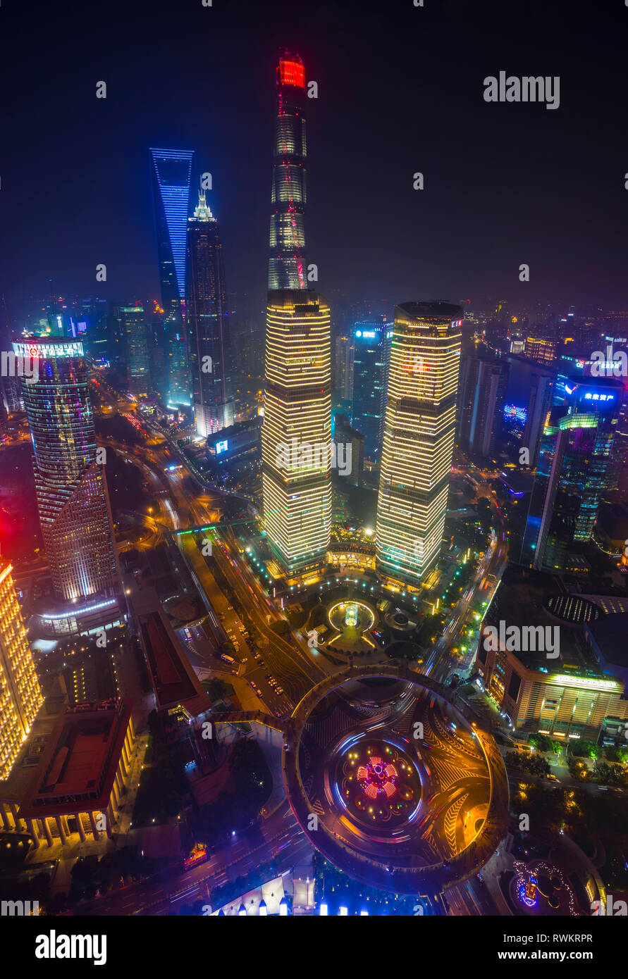 Pudong skyline with Shanghai Tower, Shanghai World Financial Centre and IFC at night, high angle view, Shanghai, China Stock Photo