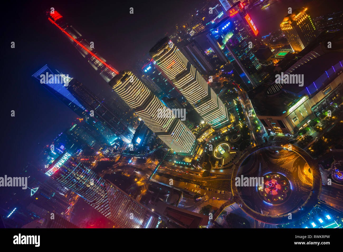 Pudong skyline with Shanghai Tower, Shanghai World Financial Centre and IFC at night, high angle view, Shanghai, China Stock Photo