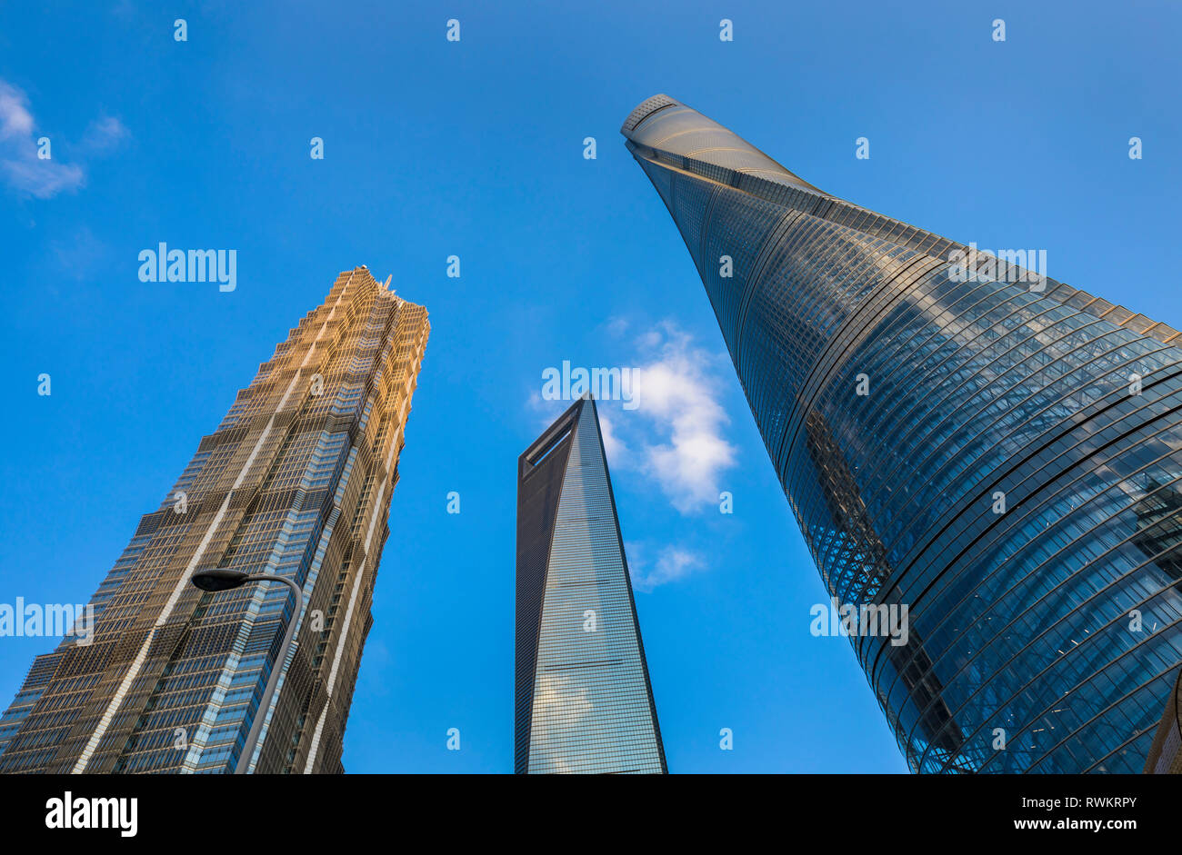 Jin Mao Tower, Shanghai Tower, Shanghai World Financial Centre against blue sky, low angle view, Shanghai, China Stock Photo