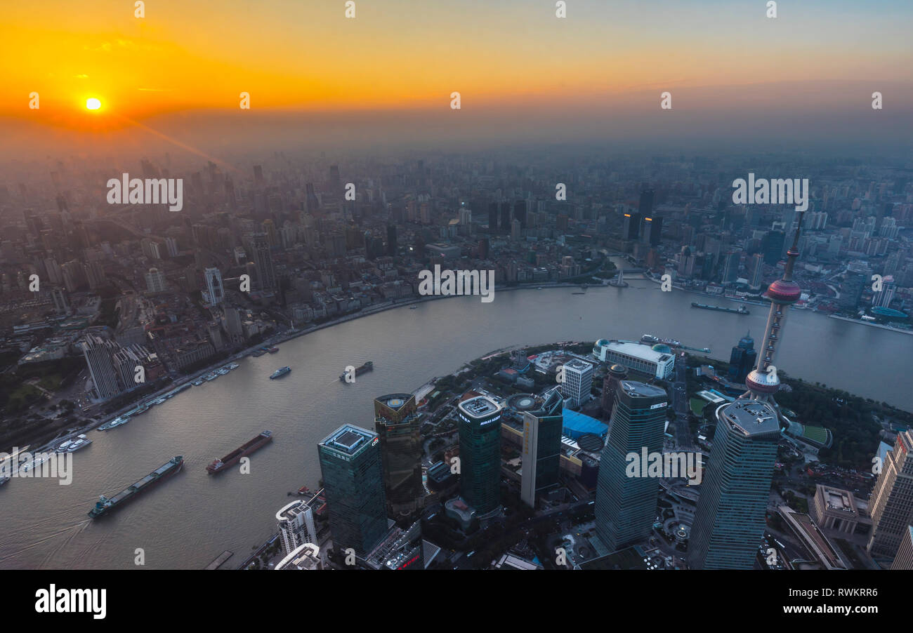Pudong and Huangpu river at sunset, Shanghai, China Stock Photo