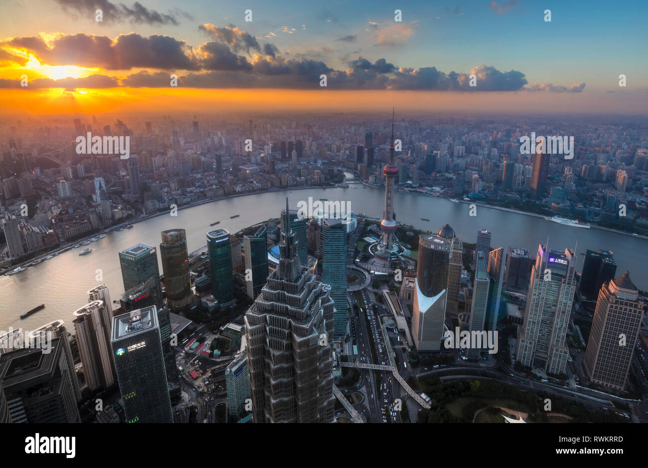 Pudong skyline and Huangpu river at sunset, high angle view, Shanghai, China Stock Photo