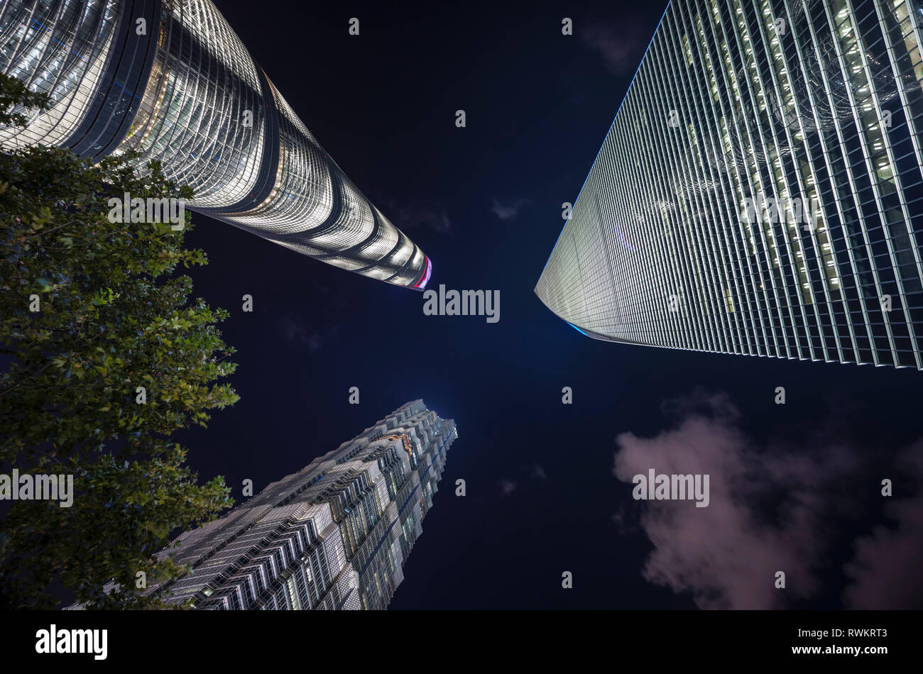 Jin Mao Tower, Shanghai Tower, Shanghai World Financial Centre at night, low angle view, Shanghai, China Stock Photo