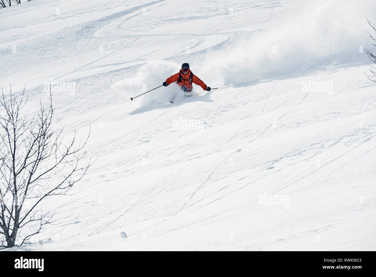Male skier skiing down mountain, Alpe-d'Huez, Rhone-Alpes, France Stock Photo