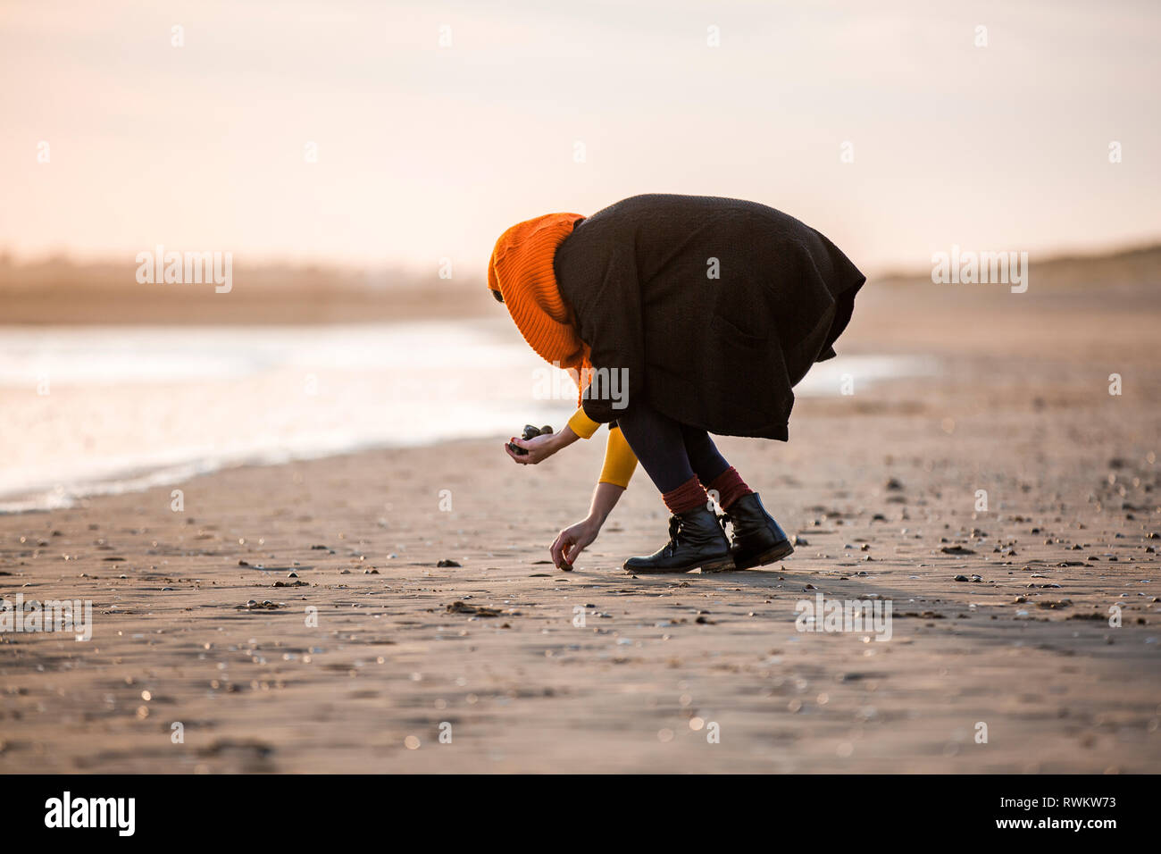 Woman collecting pebbles on beach Stock Photo