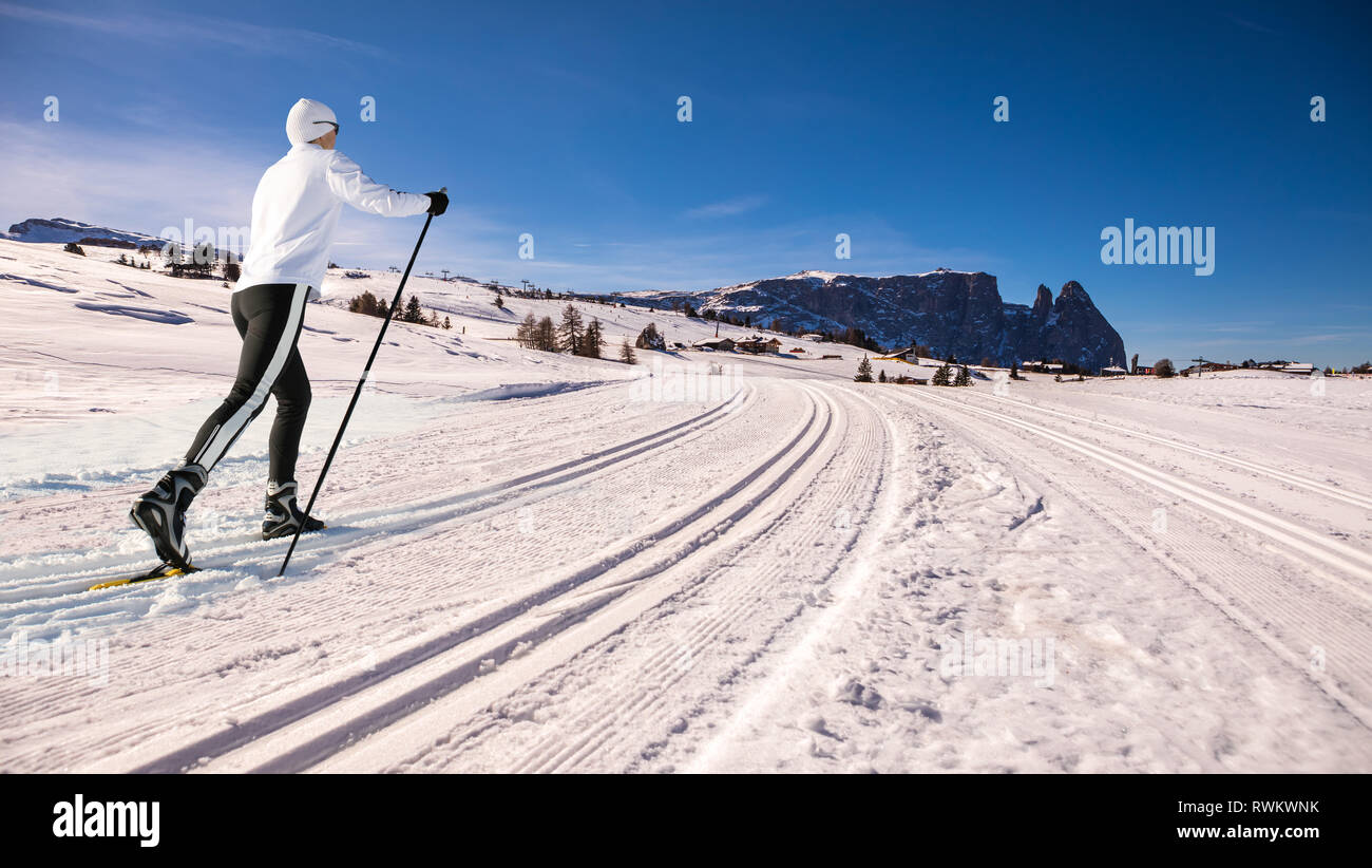 The skiing area Groeden with St. Ulrich, St. Christina and Wolkenstein areas in Dolomite Alps, South Tyrol, Italy Stock Photo