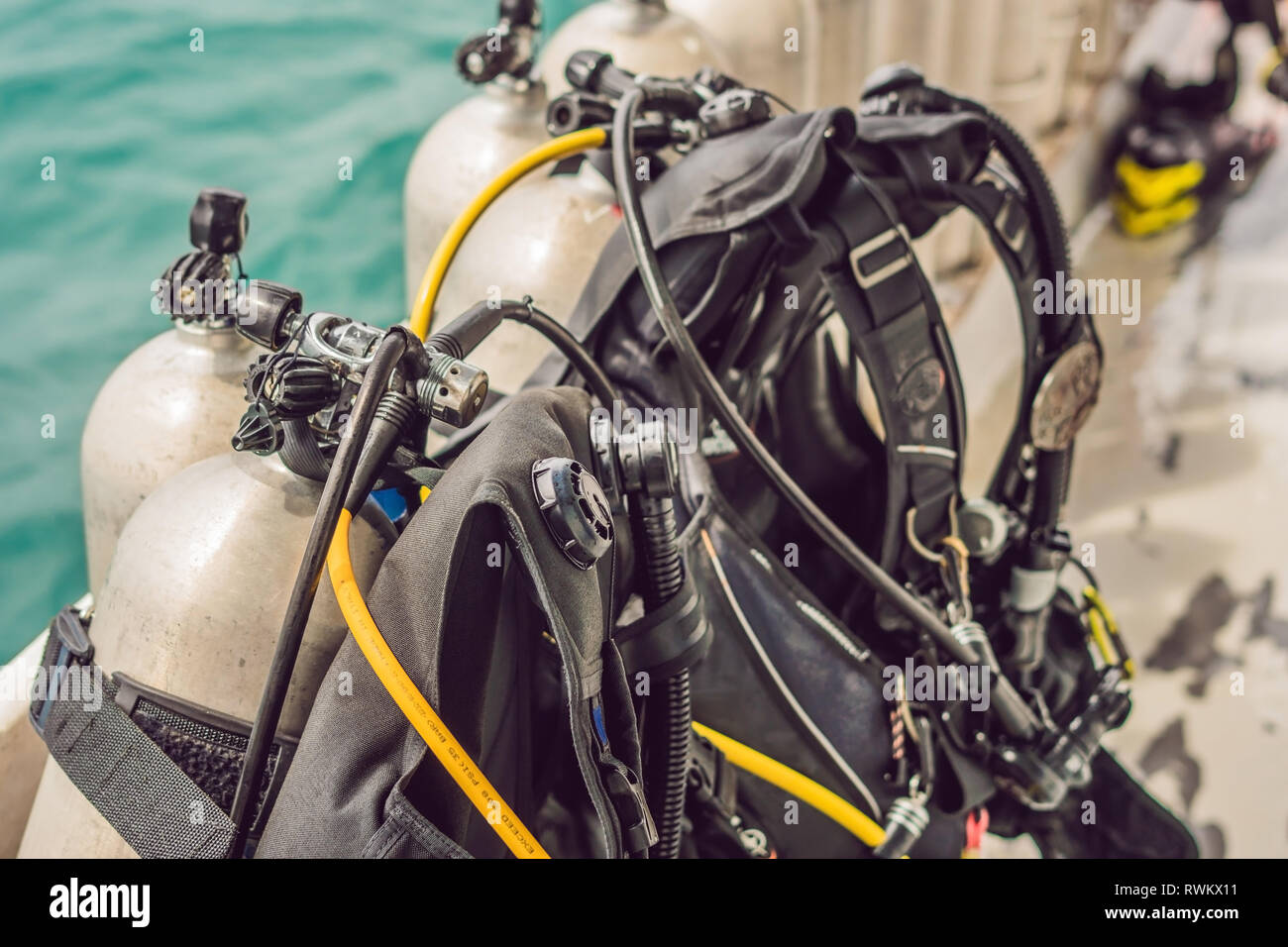 scuba compressed air tank on boat. Ready for diving Stock Photo Alamy